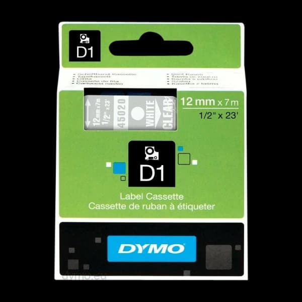 Dymo D1 -Standard Etiketter - hvit På, gjennomsiktig - 12MM X 7m