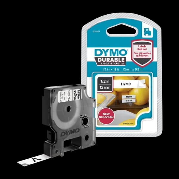 Dymo D1 -Durable Etiketter - svart På, hvitt - 12MM X 5.5m