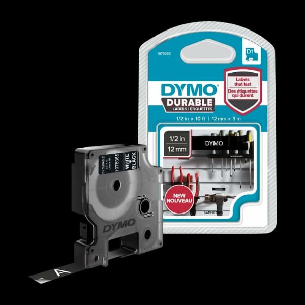 Dymo D1 -Durable Etiketter, hvit På svart - 12MM X 3m